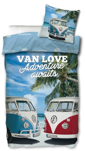 SkyBrands Volkswagen Bettwäsche VW Bulli T1 Van Love Blau Renforcé Strand Meer Palmen Sommer Auto Oldtimer Bulli, Größe:135 cm x 200 cm