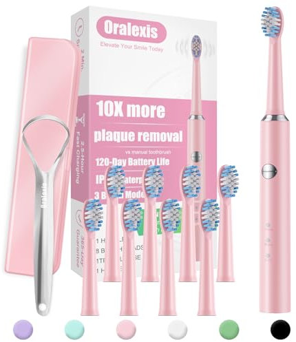 ORALEXIS Spazzolino elettrico per adulti e bambini, con raschietto per lingua e 8 testine, una ricarica rapida dura 120 giorni, pulizia profonda 40000 VPM, spazzolino da viaggio sonico - rosa