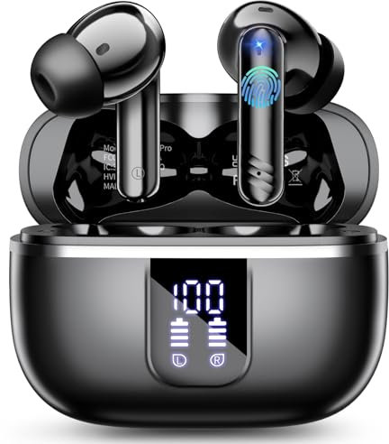 Cuffie Bluetooth, Nuovo Auricolari Bluetooth 5.4 Stereo HiFi, Cancellazione Rumore Cuffiette Bluetooth con 4 HD Mic,38 Ore di Riproduzione, LED Display, IPX7 Impermeabile Cuffie Wireless Touch Control