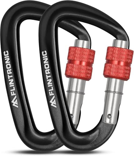 flintronic Karabiner mit Schraubverschluss, 2PCS 12KN Karabinerhaken Schraubverschluss, Karabiner mit 1200kg Belastbarkeit Schwerlast, für Hängematten, Camping, Wandern, Rucksack (Schwarz)