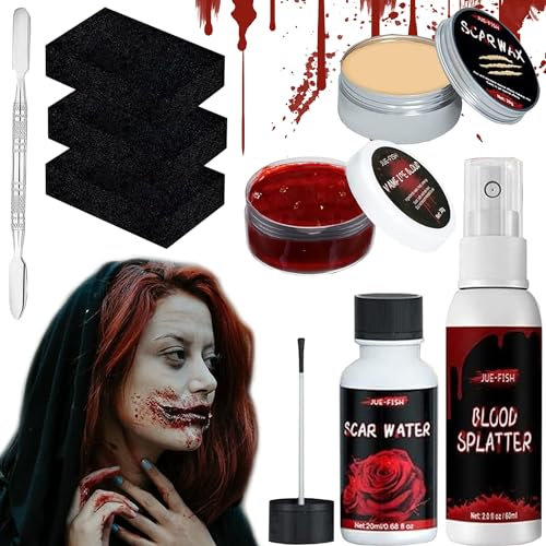 Maquillage Halloween Effets Spéciaux, Kit de Maquillage Halloween, Faux Sang en Spray + Cire De Cicatrice + Faux Gel Coagulé + Eau Cicatrice + Éponge à Pointillés + Spatule, Maquillage de Vampire