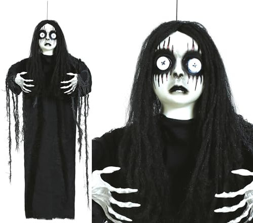 FIESTAS GUIRCA | Hängefigur Puppe mit Knopfaugen (90 cm) - Halloween Dekoration mit Bewegung, Licht und Sound - Ideal für gruselige Partys und Feiern - Schwarz
