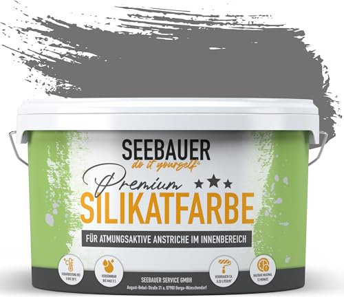 SEEBAUER diy Silikatfarbe Dunkelgrau 10L für Innen (No. 230 Misty Moor) Atmungsaktive Mineralfarbe für Allergiker - Abwaschbare Wandfarbe - Grautöne hohe Deckkraft