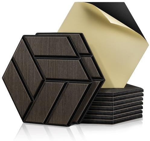 JAMELO Soundproofing Panels Wood Veneer 10 Packs | 30 * 15 * 1.2cm Acoustic Panels Self-Adhesive 3D Wall Panels For Ceiling/Door/Wall Decoration Wall Covering Oak Brown