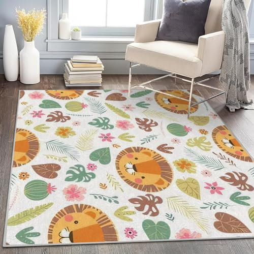 buyluhn Teppich Quadratisch 200x200Löwe Teppich Kurzflor Waschbar in Waschmaschine Blatttiere Teppich Gegend rutschfest Dünn Saugfähig für Wohnzimmer Schlafzimmer Esszimmer