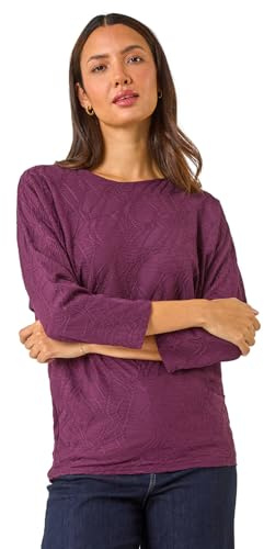 Roman Originals Textured Batwing Sleeve Top for Women UK - Ladies Everyday Autumn Winter Round Neckline Comfy Soft Evening Vacation Work Party Night Out - Wine - Size 20