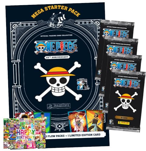 Bundle mit Panini One Piece Karten - Anniversary Sammelkarten (2025) - Auswahl + Exklusive Geburtstagskarte (1 Starter + 4 Booster)