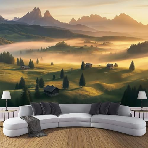 Fototapete 3D Effekt Tapeten Wandbild, Sonnenaufgang Landschaft Moderne Art Druck Nebel Hügel Dorf Wandtapete, Wohnzimmer Schlafzimmer Küche 352X250Cm (B×H) Tapete Motivtapeten