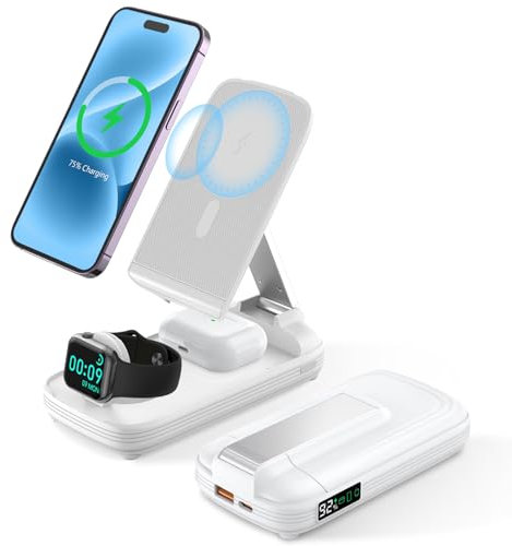 Chargeur sans fil pliable 5 en 1, charge rapide de 20W et une capacité de 10000mAh. Adapté pour l'ensemble de la gamme d'iPhone 16/15/14/13/12, écouteurs avec fonction de chargement sans fil et iWatch