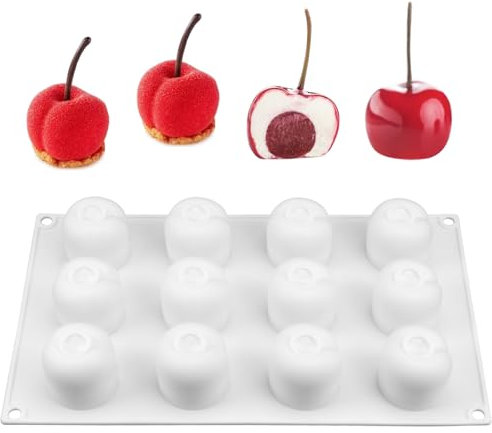 Moule 3D En Silicone pour Cerises, Moule Trompe L'oeil Fruit Sans Bpa, Anti-Adhésifs, pour Bonbons, Gâteaux, Mousse, Chocolat, Truffe, Gelée, Muffins (12 Cavités)