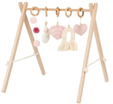LIL'THINGS Spielbogen aus Holz für Babys – Handgemacht – Sensorisches Spielzeug mit Anhängern – Baby Gym Buche – Rosa – 75x14x14 cm
