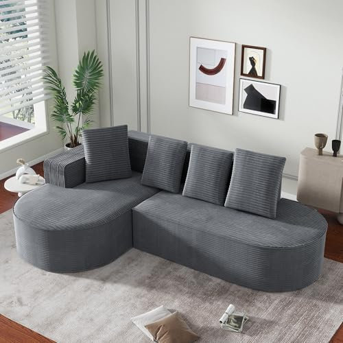 ZX Design Ecksofa mit Schlaffunktion, Couch L Form Couch mit Schlaffunktion Wohnlandschaft L-Form, Schlafsofa Modernes Schlafsofa mit Vier Kopfkissen Kompressionssofa Cord Sofa (Grau)