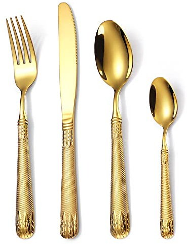 16 Delar Silverbestick Kniv/Gaffel/Sked/Lång Tesked Spegel Polerad Diskmaskinssäker Bestick,16Pcs Golden