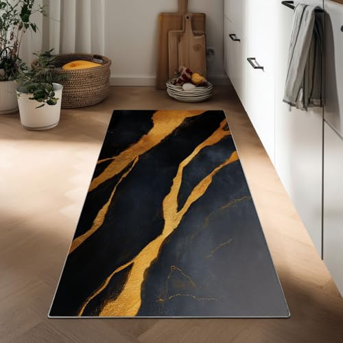 Abstrakte Kunst Teppich Läufer für Flur 60 x 150 cm, Waschbarer Küche Rutschfest Läuferteppich Weicher Kurzflor Schlafzimmer Teppich Luxuriöser Schwarz Goldener Marmor Lang Mat für Eingang Büro