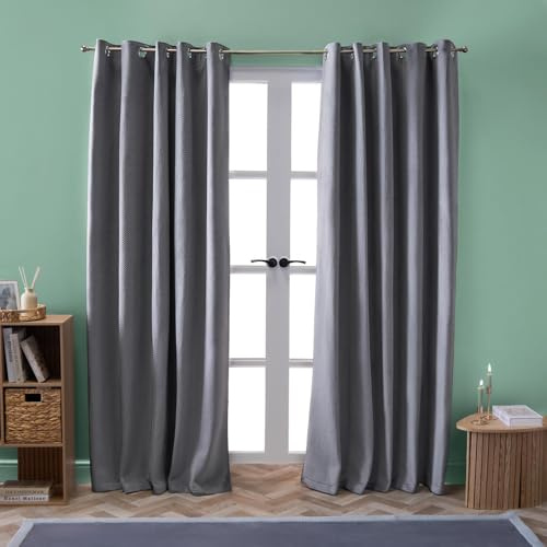 OHS Pinsonic Velvet Curtains Eyelet Ring Top, Elegant Quilted Room Darkening Curtain Light Blocking Thermal Charcoal Grey Velvet Curtains for Bedroom Living Room 2 Panels, 66 x 90