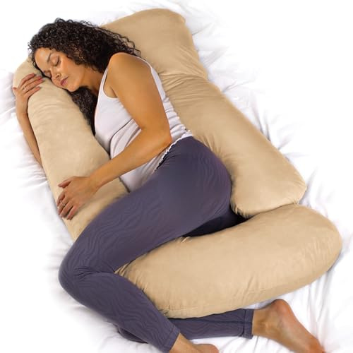 Aamira J Shaped Pregnancy Pillow, Memory Foam, Velvet Cover, Cream | 140 x 70 x 20cm maternity pillow with shredded memory foam, full-body J-shape support and removable machine-washable cover.