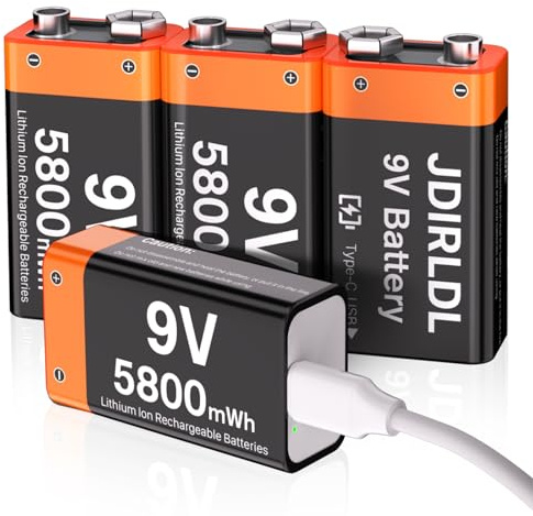 (5800mWh) Piles 9V Rechargeables USB-C, Nouvelle Mise à Niveau de Rechange de Batterie Lithium 9 Volts de Haute capacité pour Alarme de fumée, multimètres, Walkie-Talkie, Jouets, etc. - Lot de 4