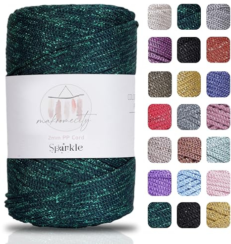 Makromecity Glitzer Makramee Garn 2mm x 230m Premium Polyester Macrame Cord Polypropylene Yarn für Handwerk Wohndekorationen Platzteller Umhängetasche Handtasche Runner (Glitzer Wald Grün, 1 Strang)