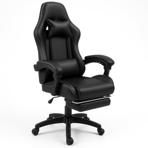 BAKAJI Sedia Poltrona Gaming Scrivana Ufficio Casa in Ecopelle Schienale Reclinabile Cuscino Lombare Poggiatesta Rotazione 360 Gradi Altezza Regolabile Base 5 Ruote (Full Black)