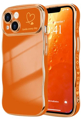 LCHULLE for iPhone 14 Plus Case Cute for Women Girls Wavy, Orange | Luxury Plating Curly Wave Shape Frame with Love Heart Pattern, Raised Camera Protection Back Cover Shockproof Phone Case