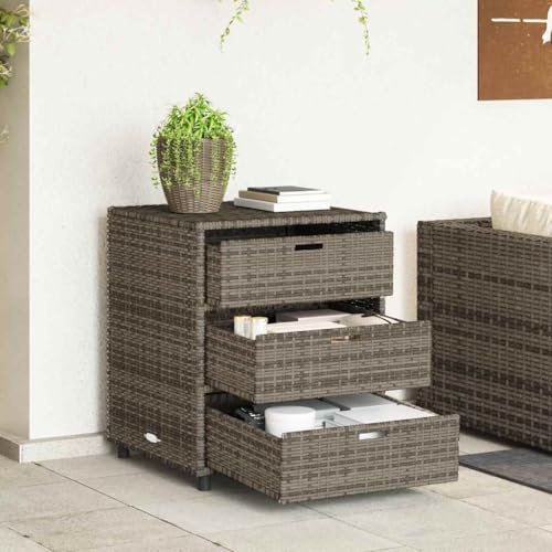 Teenpull Gartenschrank Grau 55x59x69 cm aus Poly Rattan, robuster Outdoor Aufbewahrungsschrank mit 3 Schubladen für Garten, Terrasse und Pool
