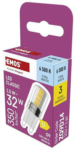 EMOS - G9 LED Lampe CLASSIC 2,5 Watt, ersetzt 32 Watt Halogenlampe - G9 Pin Lampe JC mit Helligkeit 350 Lumen - Kaltweiß 6500 Kelvin - langlebig 30000 Stunden - 300° Abstrahlwinkel - SMD LEDs