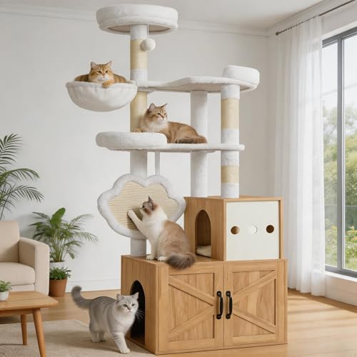 Heybly Arbre à Chat Litière Intégrée 162cm Bois Massif Moderne HCT105BT | Litière Cachée Facile À Nettoyer, Parcours Multi-Niveaux, Griffoirs En Sisal, Couchage Et Jeux Intégrés, Chêne Blanc
