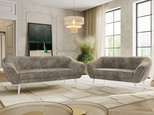 MKS MEBLE Sofagarnitur PIRS 3 + 2 - Couchgarnitur im skandinavischen Design, Gesteppte Polsterung, Wellenfederung, Wohnzimmer Sofa Set - Weiße Beine, Hellbraun Cord