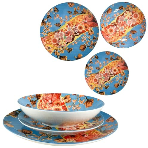 Sicignano Servizio per 6 Persone Piatti in Porcellana Stile Kintsugi Giapponese Set 18 Pezzi Lavabili in Lavastoviglie e Microonde