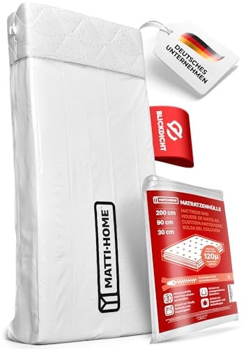Matti-Home Matratzenhülle mit Reißverschluss – 7 Größen, blickdichte Folie weiß, extra reißfest 120µ, Schutz für Matratze bei Transport, Umzug, Aufbewahrung (90 x 200 x 30cm)