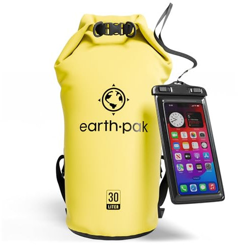 Earth Pak – Wasserdichter Packsack mit Schultergurt und wasserfester Handyhülle – Ideale Rolltop Tasche beim Kajak Fahren, Wandern, Camping, Angeln, Bootfahren und Rafting (Gelb, 30L)