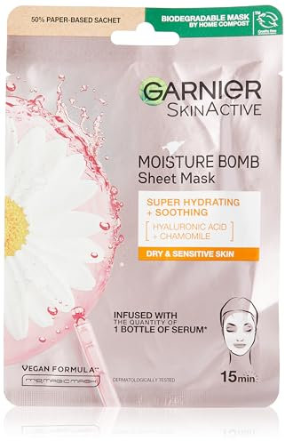 Garnier Moisture Bomb, maschera idratante e lenitiva alla camomilla e acido ialuronico, per pelli sensibili, tessuti biodegradabili e vegani, 28 g