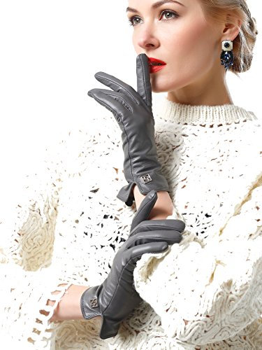 NappaNovum Damen Italienische Lederhandschuhe Lammfell Winter Komfort Handschuhe (Touchscreen oder ohne Touchscreen) - Grau - Large