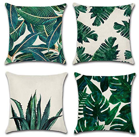 ISIYINER Kissenbezug Baumwolle Leinen Kissenhülle Tropische Pflanzen Blätter Dekorative Setzen Fall Sofa Auto Kissenbezüge Home Bed Decor 45 x 45 cm, 4er Set
