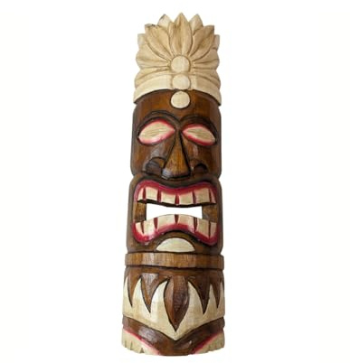 Masque Tiki 50cm en bois motif Plumes. Déco tribale polynésienne.