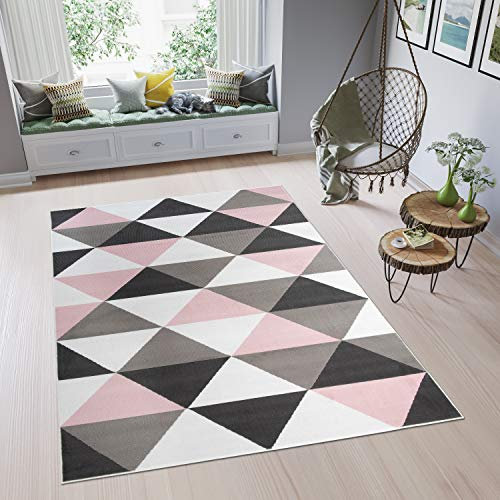 TAPISO Pimky Tapis de Chambre Enfant Bébé Fille Garçon Adulte Design Moderne Rose Gris Blanc Noir Géométrique Motif Triangles Tapis de Jeu Poil Court Fin Doux Lisse Résistant 200 x 300 cm
