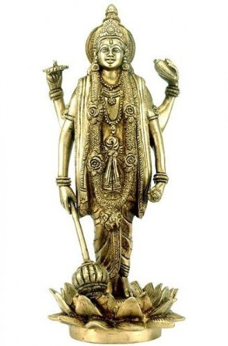 Lord Vishnu Statue Brass Carving Narayan Standing Over Lotus 12.5 Figure 3411 (12.50 H X 5.25 Diam)
