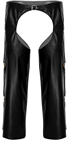 iEFiEL Herren Cowboy Kostüm Western-Kostüm Männer Hose Lack Leder Pants Lang Trachtenhose mit Metallic Schnalle Schwarz XL