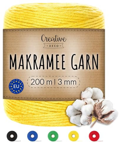 Creative Deco 200m Gelb Makramee Garn 3mm | 328 Fuß | 15-lagig Schnur | Baumwollgarn Baumwoll Kordel Große Rolle Naturliche Stark | Macrame Cord 3mm für Basteln, DIY, Handwerk & Boho Deko