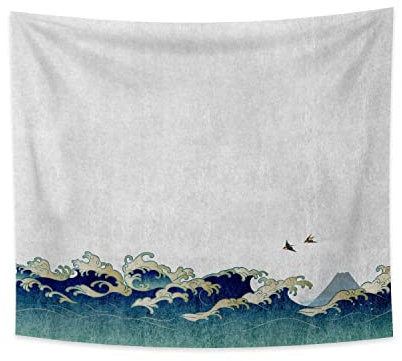 YONGFOTO 180x160cm Japanisch Ukiyo-E Tapisserie Große Welle Wandbehang Hügel Vögel Tapisserie für Veranda Wandbehänge Dekor Wohnzimmer Wohnheim Bettdecke Wandkunst