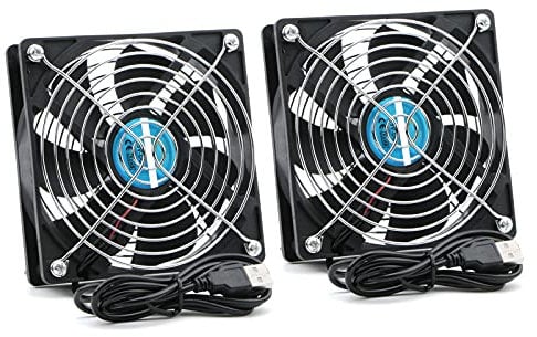 Rowiz 2pcs DC 5V 120mm (12cm) Case Fan with Protective Metal Grille, Silent USB Connected Cooling Fan for Router PC CPU TV Box, 120×120×25mm