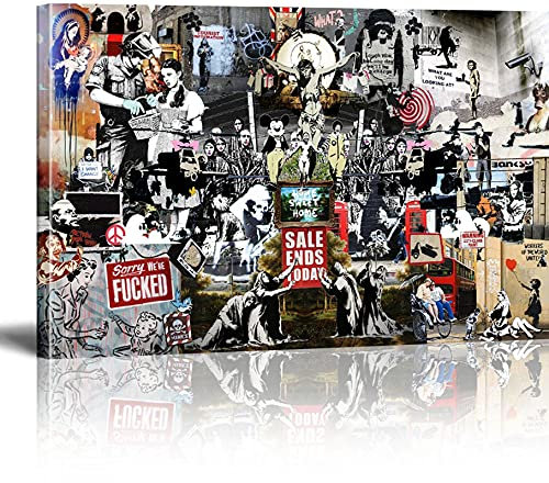 MJEDC Banksy Bilder Leinwand Collection de collages Graffiti Street Art Leinwandbild Fertig Auf Keilrahmen Kunstdrucke Wohnzimmer Wanddekoration Deko XXL 30x40cm(11.8x15.7inch)