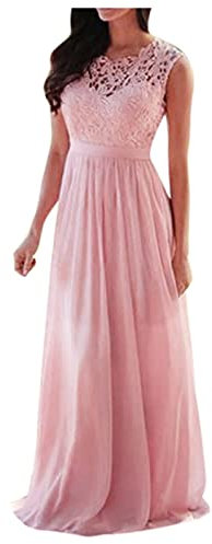 KLGR Robe de soirée élégante en mousseline de soie pour mariage, longue robe de demoiselle d'honneur - Robe longue vintage en dentelle - Robe longue de fête, Rose, XXL