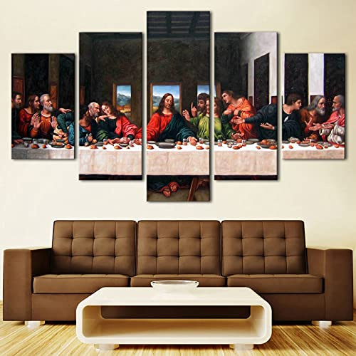 KDFDF 5 Teilig Leinwand Wanddeko Moderne Wandbilder Mit Rahme Modular Canvas Poster HD Gedruckt Last Supper Moderne Wandbilder Wohnzimmer Wohnkultur Mit Rahme Kreatives Geschenk