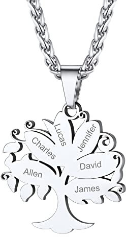 Collier Graver pour Maman Amitie Bff pas Cher Pendentif Arbre de Vie 6 Prenom des Enfants Personnalisation Chaine Spiga 55cm Acier Inoxydable Bijoux Cadeau Noël Fête des Mères Mariage Valentin