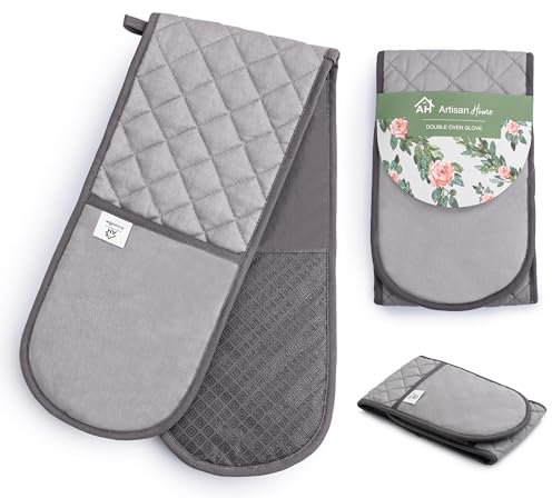 Grey Double Oven Gloves | Maximum Heat Resistant Protection | Double Oven Glove Potholders With Silicone Non-slip Design | Machine Washable Thick Oven Glove Potholders Home & Kitchen