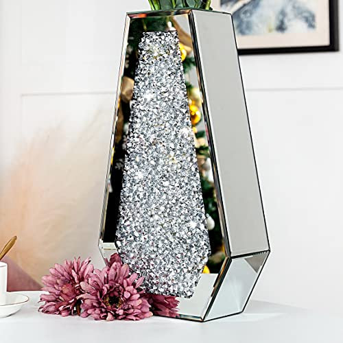 Verspiegelte Blumenvase mit zerkleinertem Diamant, große Glasvase, moderne Kristall-dekorative Spiegelvasen, atemberaubende Luxus-Bodenvase für Tafelaufsätze, Blumen, Heimdekoration, Silber, 38,1 cm