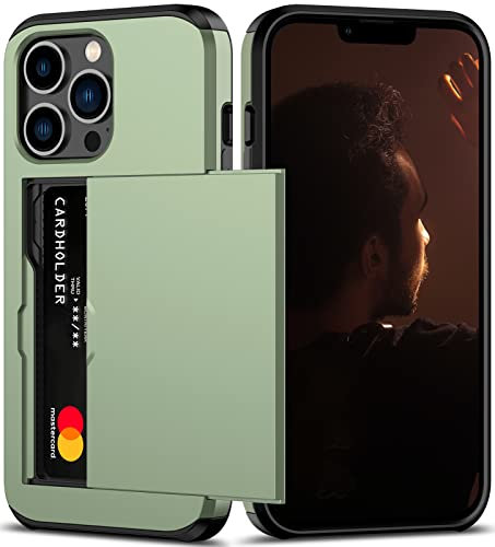 Nvollnoe for iPhone 13 Pro Case with Card Holder Heavy Duty Protective Dual Layer Shockproof Hidden Card Slot Slim Wallet Case for iPhone 13 Pro for Men&Women(Green)