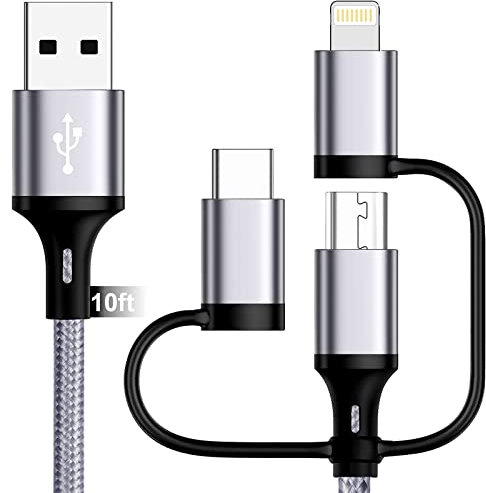 Cable de carga multirápida 3-en-1 [MFi Certificado] Cable de carga rápida USB de 3 m con puertos Lightning/Tipo C/Micro USB para iPhone,iPad,Samsung Galaxy,Huawei,Xiaomi,Sony Xperia,LG,HTC y más