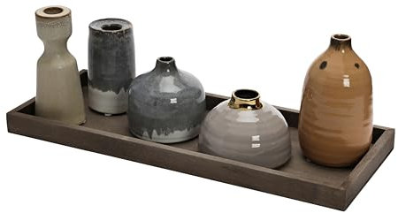 Creative Co-Op Mangoholz-Tablett mit Kegelhalter und 4 Vasen, mehrfarbige reaktive Glasur, Set mit 6 Kerzenhaltern, 43,2 cm L x 17,8 cm B x 17,8 cm H